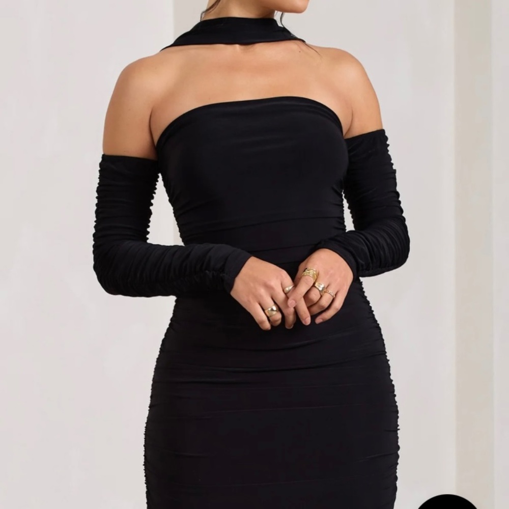 Club L London "Thea" Black Ruched Long-Sleeved Bodycon Mini Dress with Halter